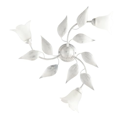 Be Light Plafoniera 3 Luci Ferro Battuto E Vetro Bianco E Argento