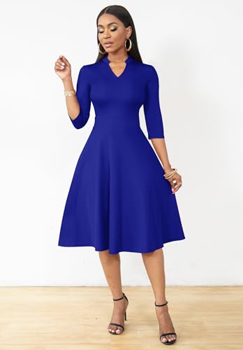 Image of Nmoder Casual Dresses for Women Semi Formal Fit and Flare 3 /4 Sleeve A-line Church Work Dress with Pockets