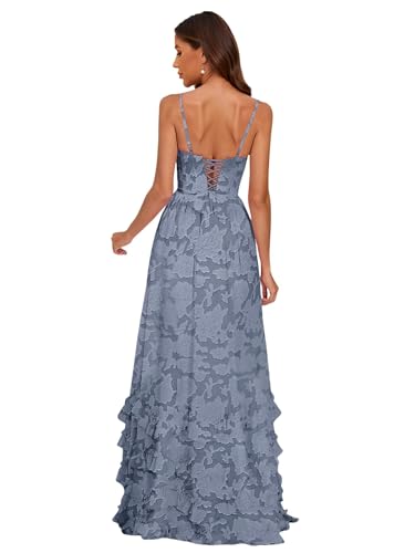 Dessiny Spaghetti Straps Floral Print Bridesmaid Dresses with Slit V Neck Tiered Formal Evening Dress DE5812