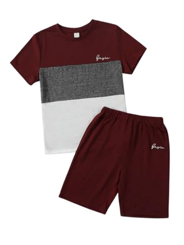 Image of Yoxindax Toddler Kid Boy Clothes Colorblock Letter Graphic Tee Shorts 2PC Summer Outfit Set