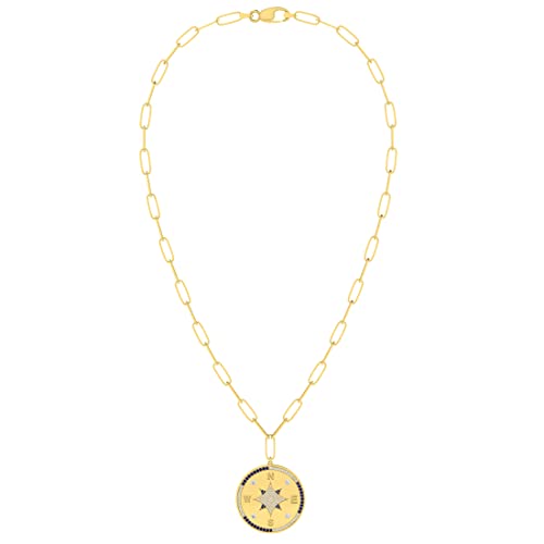 Dazzlingrock Collection Round Blue Sapphire & White Diamond Compass North Star Paperclip Chain Pendant Necklace For Women In Yellow Gold Plated 925 Sterling Silver #TOP1