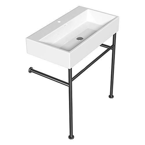 Console Sink with Black Legs - Logmey 30 Inch Ceramic Basin Glossy White Rectangle Porcelain Freestanding Wall Mount Bathroom Sink With Tower Bar And Chrome Finishi Overflow,Pedestal Bathroom Sink