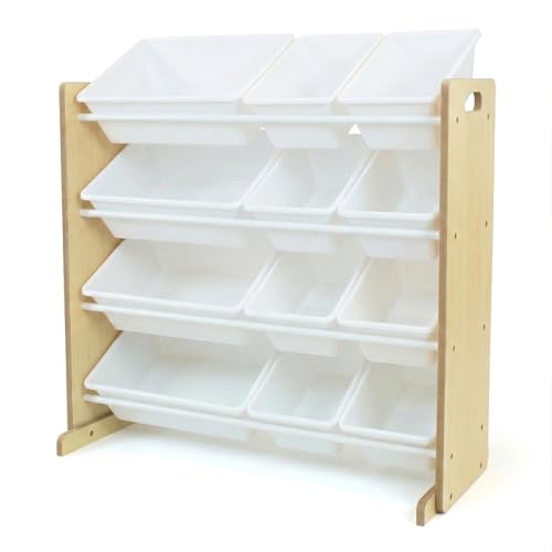 Image of Humble Crew Toy Storage Organizer with 12 Removable Storage Bins for Kids Playroom, 4-Tier Toddler Toy Organization, Natural /White