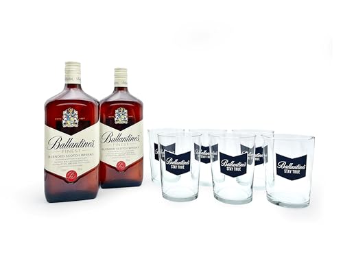Ballantine's Finest Whisky Escocés, Pack de 2 Botellas y 6 Vasos de Regalo, 1 L