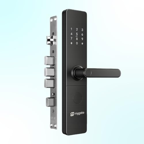 Image of Mygate Smart Door Lock Plus (2026 Model) with 6-Way Unlock | Fingerprint, PIN, Mobile App, RFID Card, Manual Keys | Remote Unlocking via OTP | for Main Wooden Doors |3-Year Warranty by Mygate