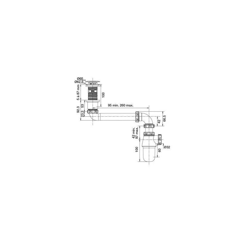 Ensemble complet universel pour lavabo avec siphon déporté, tubulure et bonde, noire