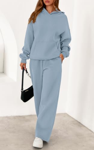 PRETTYGARDEN Women's 2 Piece Outfits Fall Sweatsuits Oversized Hoodies Wide Leg Sweatpants Tracksuits Lounge Travel Matching Sets (Light Grey Blue,M) — view 5