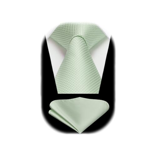 HISDERN Ties for Men Solid Sage Tie with Pocket Square Set Business Green Houndstooth Silk Necktie with Handkerchief Formal Wedding Neckties Classic 3.4