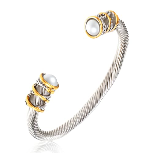 Twisted Cable Bracelet Antique Twisted Cable Bracelet Wire Bangle for Women with Composite Shell Pearl Antique Cuff Bracelets Inlay Alloy Cuff Bracelets for Women 8.5 