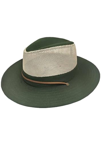 Image of Men's Flat Wide Brim Mesh Safari Outdoor Hat Panama Hat Travel Fishing Hiking with Windproof