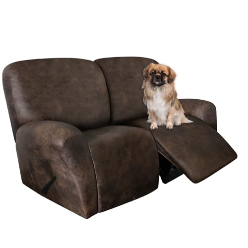Image of ANARACHON Leather Look Loveseat Recliner Covers Stay in Place 6-Piece Recliner Sofa Slipcover 2 Seater Reclining Couch Cover Furniture Protector Spandex Fabric Washable (Recliner Loveseat, Brown)