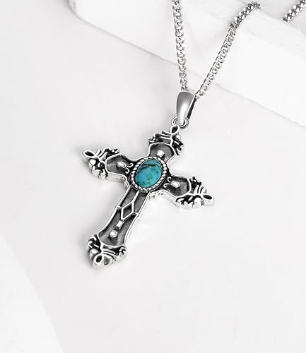Genuine Turquoise Cross Necklace for Women Men 925 Sterling Silver Western Boho Jewelry Vintage Gemstone Pendant for Her4