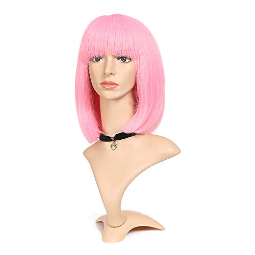 Bright Pink Straight Bob Synthetic Wig with Bangs for Women, Mixed Color Shoulder Length 12 Inch with Flat Bangs Costume Wigs