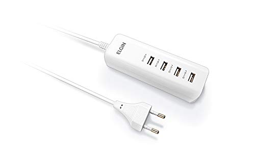 Carregador Múltiplo USB com 4 Saídas 4A, 20 W Cabo AC de 1.5 Metros, Elgin, 46RCT4USB000, Branco