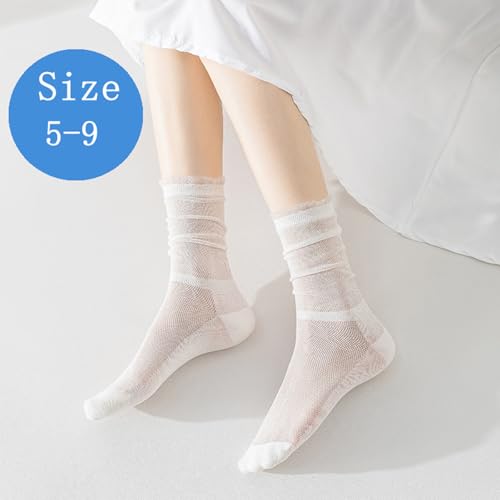 Women's Ruffle Crew Socks, White Cotton Lace, Frilly Ankle Design, Fits Shoe Size 5-9, 5 Pairs4