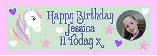PERSONALISED Unicorn Theme Girls Birthday Banner with Photo - Pack of 2