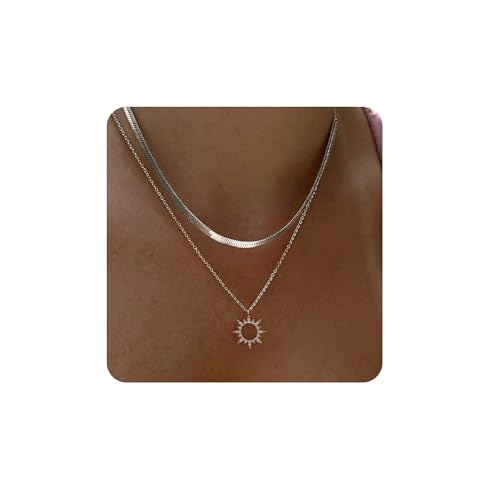 Moodear Sliver Layered Necklaces for Women Trendy Dainty Herringbone 925 Sterling Silver Snake Stack Sun Zirconia Pendant Choker Necklaces Jewelry Gifts