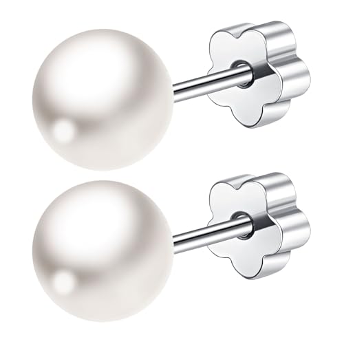 Mochity Pendientes De Perlas Mujer Niña, Pequeños Perlas 3/4/5/6/7/8mm, Hipoalergenicos Pendientes Plata Acero Inoxidable, Piercing Oreja Plata (A, plata, 8 mm)