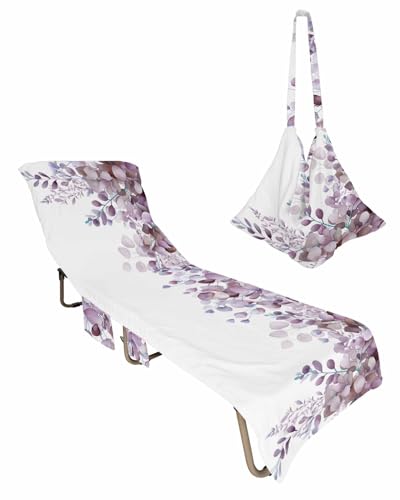 Beach Pool Patio Lounge Chaise Chair Cover Towel with Pockets,Modern Eucalyptus Absorbent & Quick Dry Microfiber Towel Cover Bag Summer Travel Accessories Botanical Leaves Minimalist White