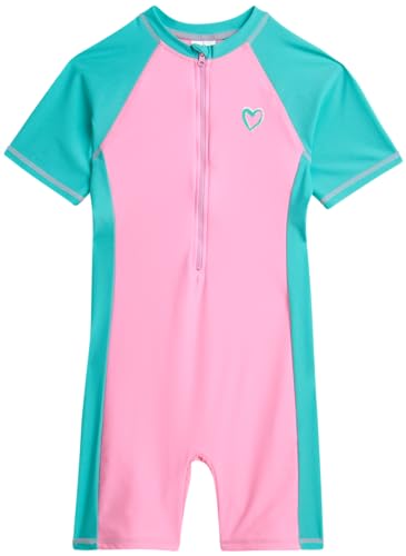 Image of Pink Platinum Girls Swimsuit - One Piece Short Sleeve Rashguard Kids Bathing Suit with UPF 50+ Protection - Kids Swimwear Set