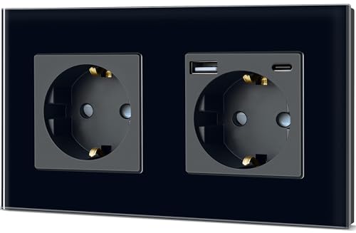 TAWOIA - Enchufe Schuko - 2 enchufes estándar de la UE con USB tipo C (máximo 20 W) - Interfaz de carga rápida con placa de cristal - Doble toma - Negro - 86 x 157 mm