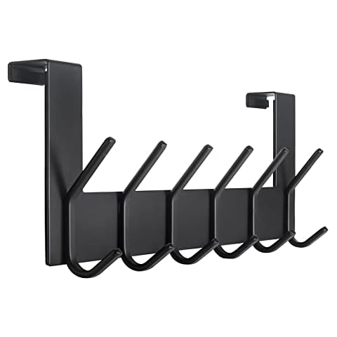 SKOLOO Door Hook with 6 Hooks, Door Hook for Hanging, No Drilling, Coat Hook, Door for Kitchen, Bathroom, Living Room and Hallway, Black Cover