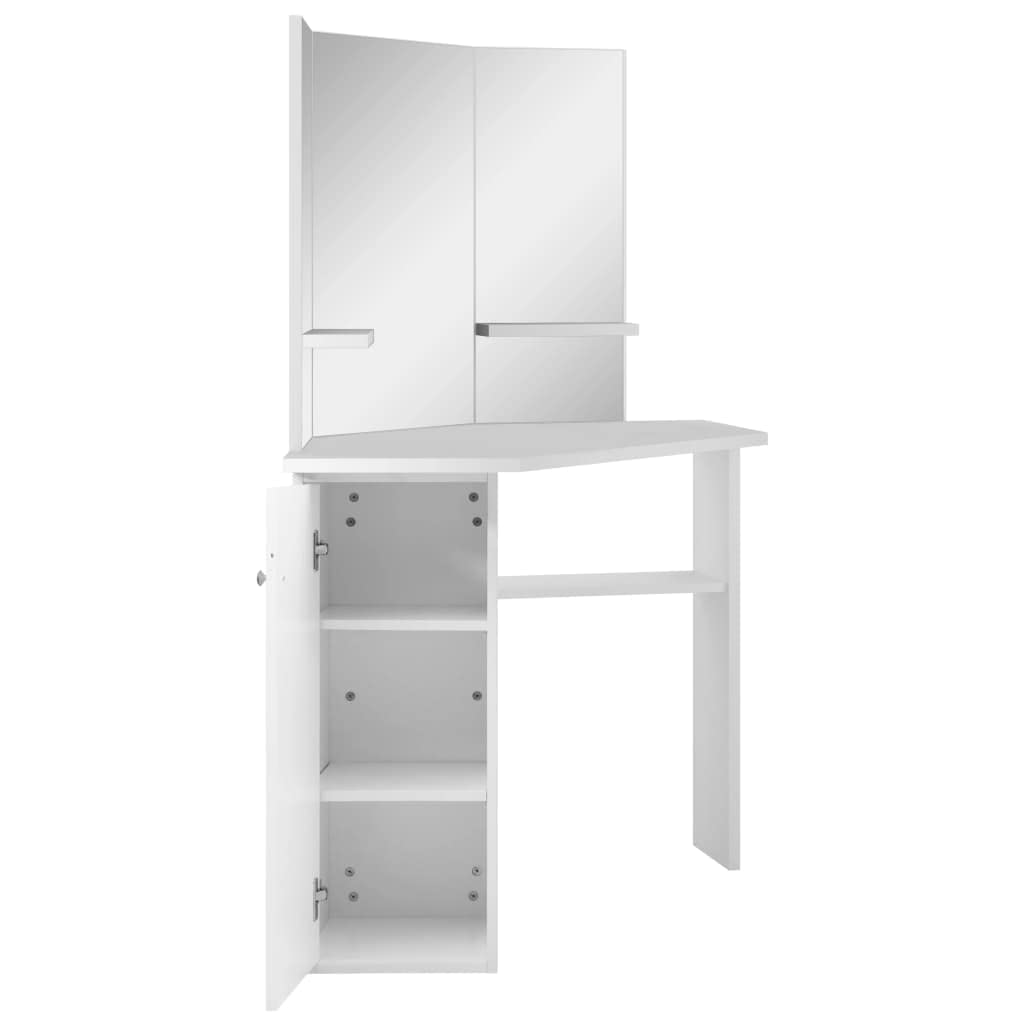 Tocador esquinero blanco de MDF con espejo de 3 piezas, espacio de almacenamiento y estante, mesa de maquillaje compacta para dormitorio, habitación de niña y baño