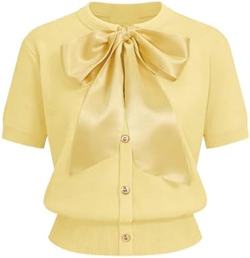 Yeokou Women's Satin Bow Short Sleeve Knit Cardigan Metal Button ...