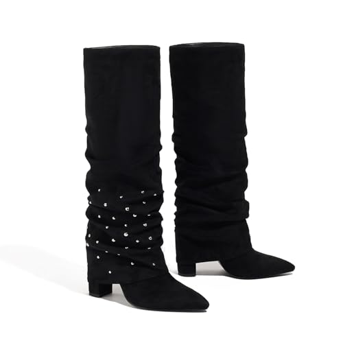 Women's Black Knee High Boots Wide Calf Pointed Toe Chunky High Heel Pull On Fold Over Shark Rivet Boots2