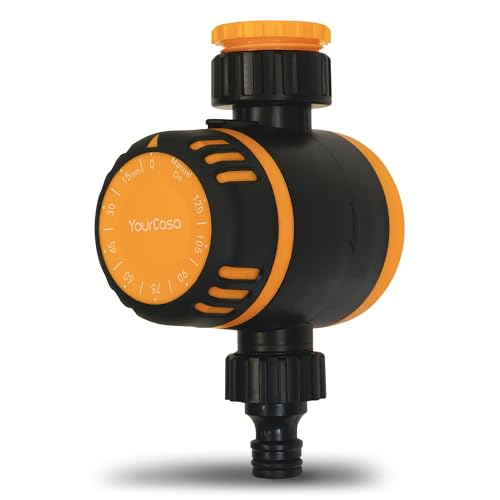 YourCasa Orologio per irrigazione MECCANICO con filtro [120 min] – Timer con attacco per tubo per irrigazione – Rubinetto da giardino acqua timer per irrigazione automatico timer (arancione)