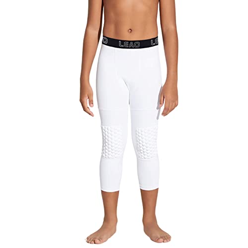 Leao Youth Boys 3/4 Basketball Compression Pants With Knee Pads Qucik Dry Capri Compression Leggings Sports Tights White X-Small #TOP1
