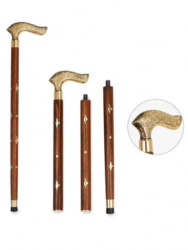 Image of ITOS365 Handmade Wooden Folding Walking Stick - 36 Inches | Handcrafted Walking Cane with Antique Brass Handle in Wooden Brown Finish | Walk Support Stick for Old Men & Women