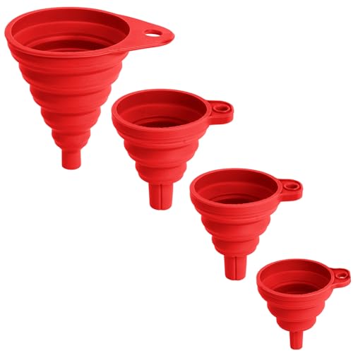 4 Pack Kitchen Funnel Set, Food Grade Silicone Collapsible Funnel, Foldable Funnels for Oil, Liquid, Powder, Mess Free Transfer - Funnels for Filling Bottles