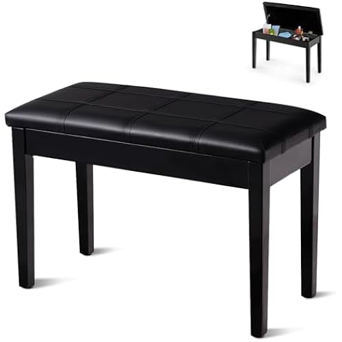 Piano Bench, Solid Wood Keyboard Bench w/Storage Compartment, Exquisite Leg & Thick Cushion, Classical Elegant Piano Stool Duet Seat for Home, 14’’ D x 29.5’’ W x 19.5’’ H (Black,Straight)
