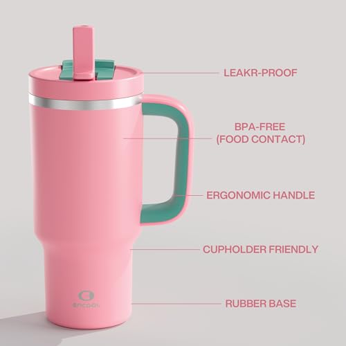 Image of ENCOOL 32 oz Tumbler with Handle and Straw: Stainless Steel Insulated Tumbler Keeps Cold for 24 Hours, Leakproof Travel Cup Fits in Cup Holder and BPA-Free,Tulip