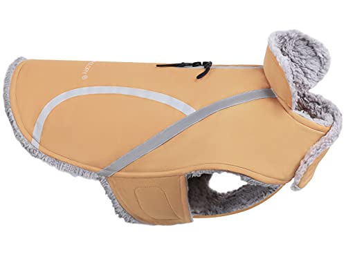 VIVAGLORY Cold Weather Dog Coat, Reflective Snow proof Windproof Thick Warm Winter Dog Jacket Clothes with Furry Collar, Water Resistant Comfortable Adjustable Pets Apparel for Medium Dogs, Khaki, M+