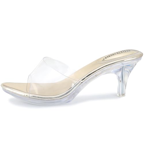 Image of NBUUNBU Clear Heels for Women Silver Black Heels Little Platform Sexy High Heels Sandals Stiletto Kitten Open Toe Dress Shoes Comfortable Double Transparent Strap Heeled Sandals Mule