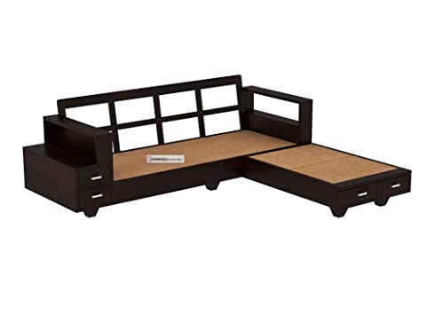 Image of Solid Sheesham Wood L Shape 5 Seater Sofa Set for Living Room, Wooden 5 Seater L Shape Sofa Set with Cushions (L Shape, Walnut)