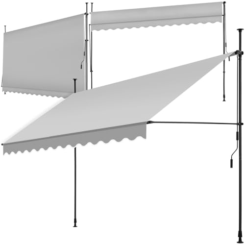 tectake® Tenda da Sole a Morsetto con Manovella, Altezza e Inclinazione Regolabile, Telo Impermeabile e Resistente ai Raggi UV, Ideale per Balcone e Terrazzo, 350x180cm - Grigio Chiaro