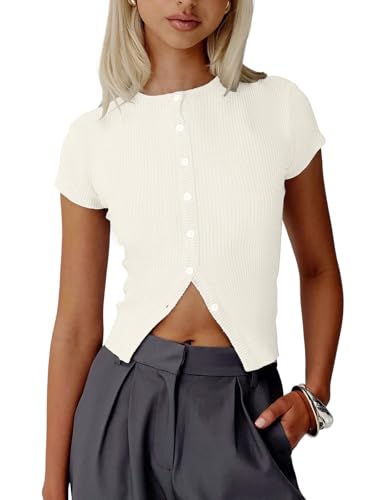 Image of Womens Short Sleeve Sweater Tops Crew Neck Button Casual Summer Sweaters Ribbed Knit Cropped Cardigans