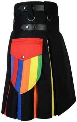 Black Leather Straps Rainbow Pleats Utility Kilts for Men