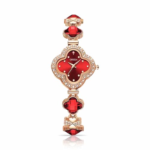ORSGA Watch Bracelet Analog Clover Dial Wrist Watch for Ladies Luxury Diamond Stone Rose Gold Brass Strap Dress Watch for Women