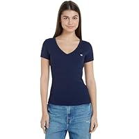 Tommy Jeans Tjw Slim Essential Rib V Ss Dw0Dw17385, Top in Maglia a Maniche Corte, Donna, Blu (Dark Night Navy), L