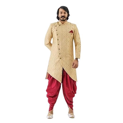 Image of Amzira Fashion Men's Ethnic Wear Gold Sherwani Wedding Dress Set