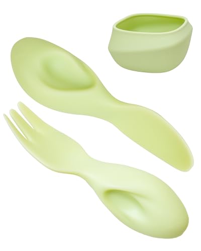Image of Tiny Genius Toddler Utensils Set Ergonomic Fork and Spoon and Bowl Set Non-Slip Design for baby 1-4 Year Olds Self-Feeding BPA Free Silicone Microwave and Dishwasher Safe Fine Motor Skills (Green)