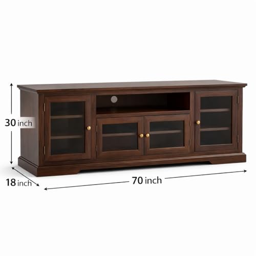 Image of Solid Sheesham Wood TV Unit for 55 Inch & Above | Handcrafted Entertainment Cabinet with Glass Door Storage | Rustic Finish | Pre-Assembled | 70x30x18 Inch | Living Room Furniture