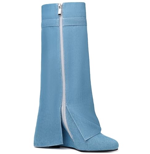 Image of Fold Over Knee High Boots for Women Pointy Pull-on Wedge Heel Knee Shark Boot With Side Zipper Covered Wedge Heel Padlock Boot
