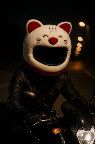 Image of Cute Cat Helmet Cover - Lucky Cat Plush Helmet Decoration | Ultra-Soft Furry White & Red Kitty Design for Motorcycle & Scooter Riders | Funny Cartoon Style Universal Fit Biker Gift