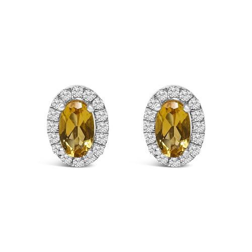 10K White Gold 5x3 MM Oval Yellow Citrine and Diamond Halo Stud Earrings (I-J Color, I1-I2 Clarity)