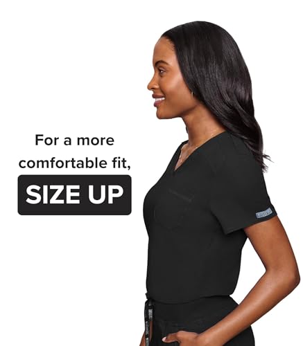 Image of Med Couture Women's V-Neck Scrub Top, Modern Fit Tuck-in Top with Stretchy Rib-Knit Shoulders and Chest Pocket - MC7448